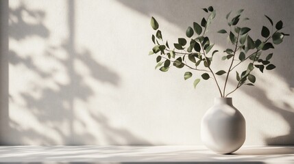 Sunlight illuminates plants in a white vase on a shelf against a textured wall