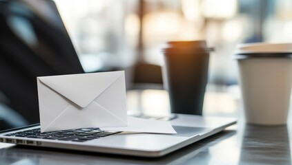 White Envelope on Laptop in Cafe Setting