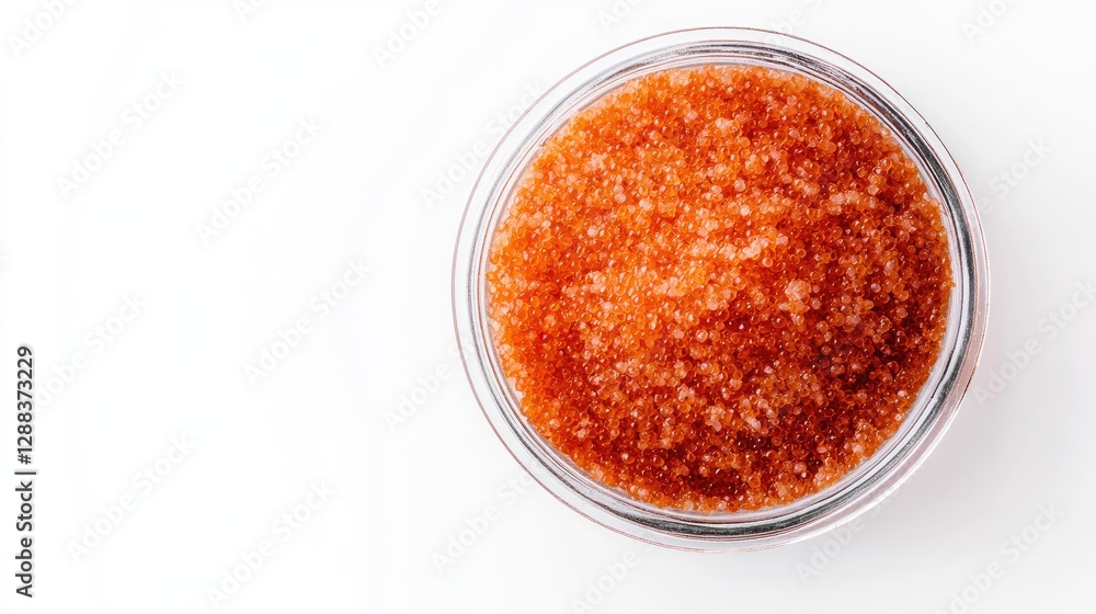 Poster a top-down shot of processed fish roe in a clear jar, surrounded by empty space for branding or prod