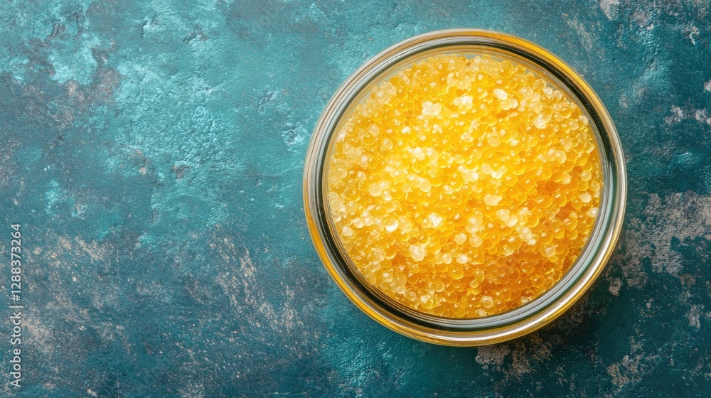 Poster a top-down shot of processed fish roe in a clear jar, surrounded by empty space for branding or prod
