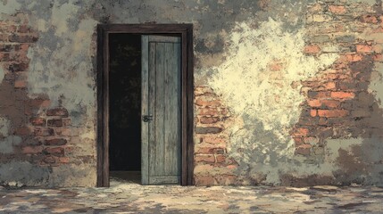 A slightly ajar old wooden door in a crumbling brick wall, revealing a dark interior.