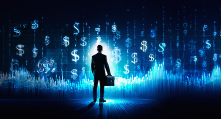 A silhouetted individual with a briefcase faces a glowing blue digital screen displaying dollar signs and financial graphs, representing business and finance.