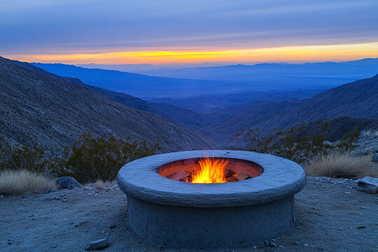 Campfire flickers warmly in the wilderness at sunset illuminating a serene mountain landscape
