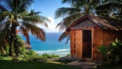 Serene beach hut surrounded by palm trees and ocean view under a clear blue sky.