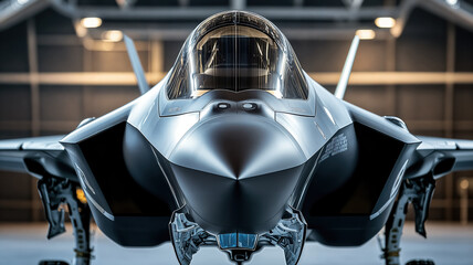 F-35 lightning ii parked in hangar showing nose, cockpit and stealth technology