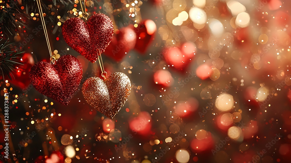 Poster red heart ornaments hanging on a christmas tree branch with golden bokeh background for festive uses