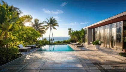 Fototapeta premium Luxurious villa with a pool and ocean view surrounded by tropical greenery.