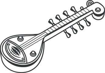 Retro Vintage Traditional Veena Icon – Colorful Offset Doodle Vector Illustration | Minimalist Lined Musical Instrument Symbol for Indian Classical Music, Culture & Artistic Designs