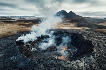 Volcanic crater features bubbling lava and smoke amidst a rugged landscape in remote area. Generative AI