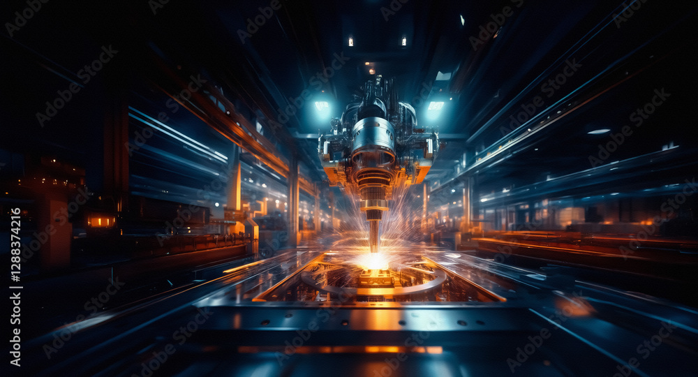 Poster futuristic industrial scene showcases a large machine with bright lights in a high-tech factory. met