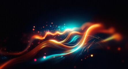 Abstract image featuring vibrant, flowing light trails in orange and blue hues, creating a dynamic and energetic motion against a dark backdrop.