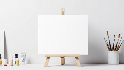 Blank Canvas on Easel with Art Supplies