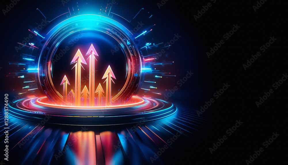 Aufkleber a glowing sphere with upward arrows in vibrant neon colors emanates energy on a dark stage. futurist