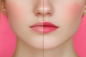 Soft healed lip blush tattoo showcasing natural enhancement on model’s lips with a vibrant background. Generative AI