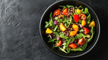 A bowl of processed plant-based quinoa salad with vegetables, served with space for customization.