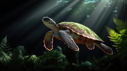Obraz premium Ocean acidification idea. A serene green sea turtle gracefully swimming underwater amidst soft light.