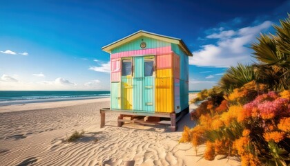 Obraz premium Colorful beach hut surrounded by sand and vibrant flowers under a bright blue sky.