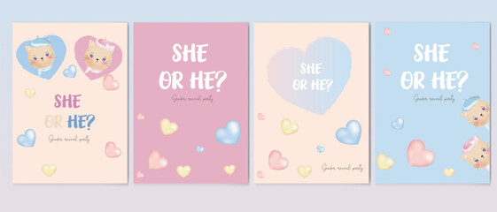 She or he? Congratulations card, poster, flyer on a blue, pink, background. 3D hearts, cats. Vector
