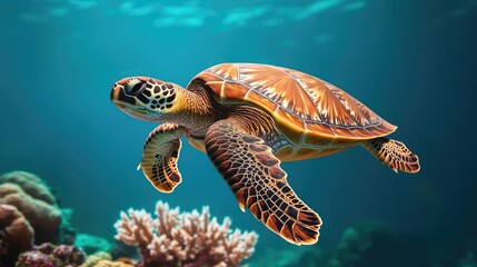 Fototapeta premium Ocean acidification concept. A graceful sea turtle swimming through vibrant coral reefs in clear ocean water.
