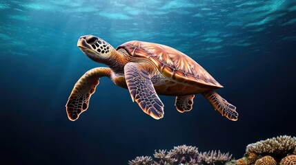 Fototapeta premium Ocean acidification concept. A graceful sea turtle swims through vibrant coral reefs in crystal-clear waters.