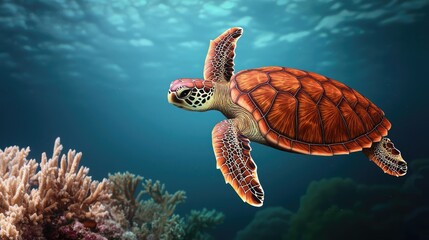 Fototapeta premium Ocean acidification concept. A vibrant sea turtle swimming gracefully above a colorful coral reef.