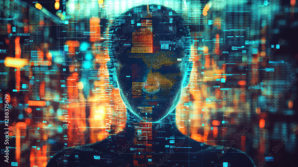 Poster abstract digital representation of human figure with technology elements, showcasing blend of data a