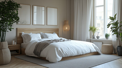 Photograph of a modern bedroom with a minimalist design. The room features a king-size bed with white linens, a wooden headboard, and a soft gray area rug.