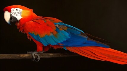 Obraz premium A vibrant Scarlet Macaw perched on a branch, showcasing its striking red, blue, and orange plumage against a dark background.