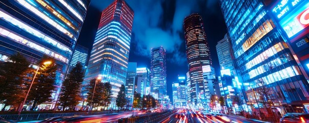 Obraz premium A vibrant cityscape at night, illuminated by neon lights and skyscrapers, showcasing the dynamic energy of urban life.