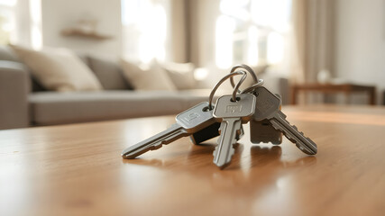 A close-up of house keys on a polished wooden table, with one attached to a minimalist blank keychain, perfect for customization.