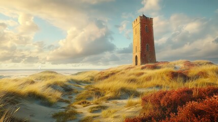 the tower surrounded by wild dunes, the vivid colors of the coastal plants adding a touch of natural beauty to the historic scene