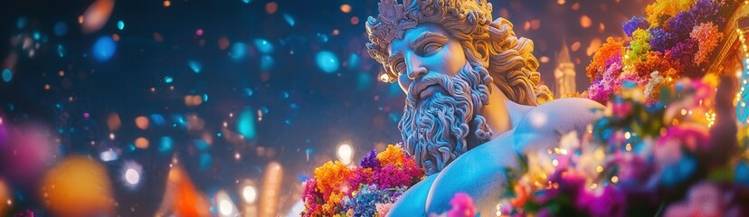 the Neptune statue during a festival, adorned with flowers and lights, showcasing its cultural