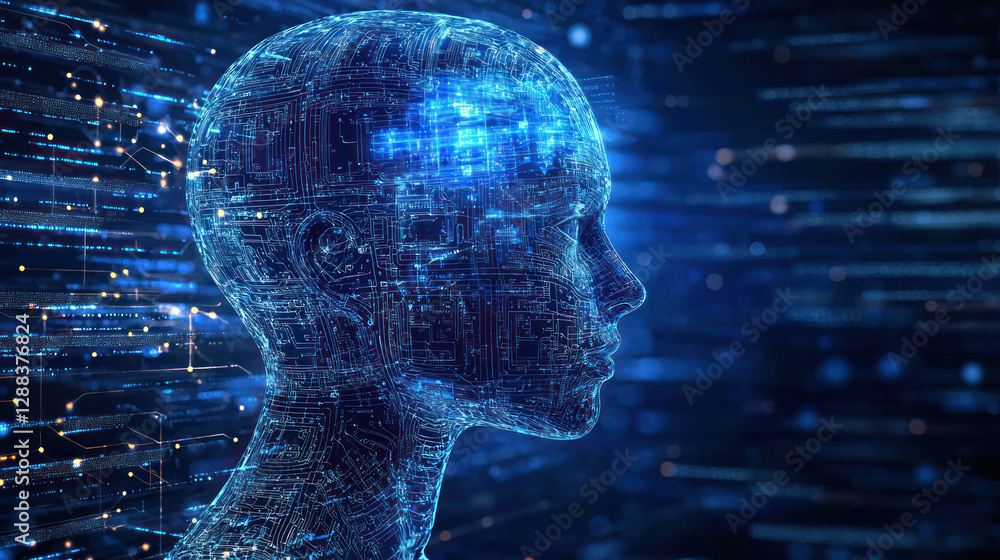 Poster futuristic digital human head with circuits and glowing data streams, symbolizing advanced technolog