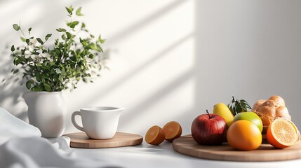 Sunlit breakfast fruit, pastries, and tea