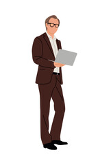Business man working at laptop. Handsome black man wearing formal office outfit walking and looking at computer. Vector realistic illustration isolated