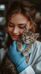 veterinarian. girl doctor holding a kitten. kitten at a doctor's appointment. veterinary clinic