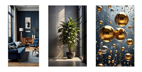 Elegant home interiors featuring a blue living room with classic furniture, a potted plant bathed in sunlight, and a dynamic display of metallic spheres.