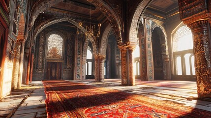 Obraz premium Breathtaking Interior of a Grand Mosque with Ornate Arches, Luxurious Red Carpets, and Sunlight Streaming Through Majestic Windows, Creating a Spiritual and Tranquil Atmosphere for Ramadan Prayers