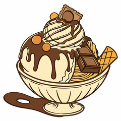 Vector illustration of ice cream with chocolate, caramel and nuts for your project
