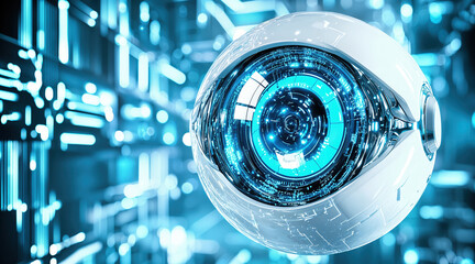 Futuristic cybernetic eye watching over complex circuitry background