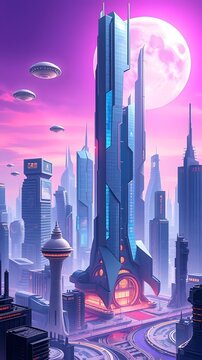 Abstract Futuristic Urban Landscape with Glass Towers and Floating Architectural Elements