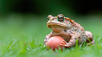 Fototapeta premium Toad guarding egg in green grass, nature background
