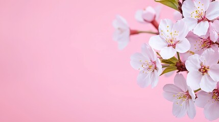 Fototapeta premium A delicate cluster of pink cherry blossoms against a soft pink background, evoking a sense of spring and tranquility.