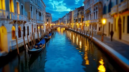 A serene evening view of a canal in Venice, illuminated by warm lights, showcasing charming architecture and tranquil waters.