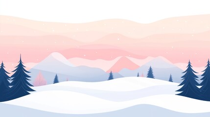 Pastel winter landscape with snowy hills, mountains, and pine trees under a pink sky.