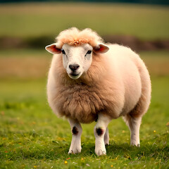 Fototapeta premium Sheep – A white woolly sheep against a soft green meadow background Generative AI