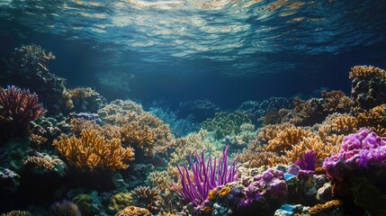 Naklejka premium Ocean acidification idea. Vibrant underwater scene showcasing colorful coral reefs and marine life.