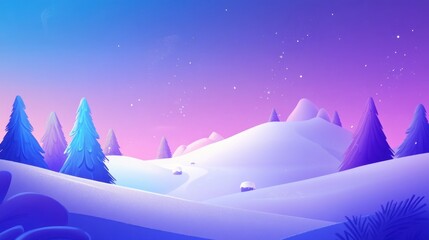 Snowy hills and evergreen trees under a vibrant purple and blue twilight sky.