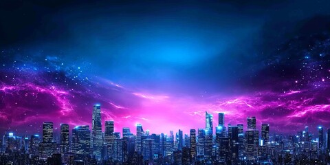 Obraz premium A vibrant city skyline under a cosmic sky filled with colorful nebulae, blending futuristic elements with a stunning celestial backdrop.