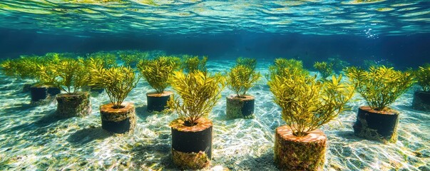 Ocean acidification idea. Underwater plant nursery promoting ecological restoration and marine biodiversity.